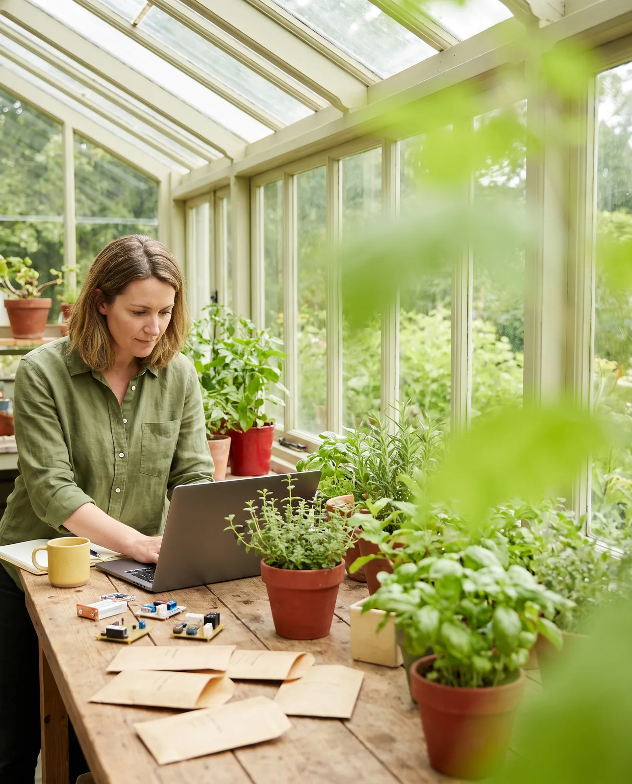Learner working with a laptop among plants in a greenhouse
