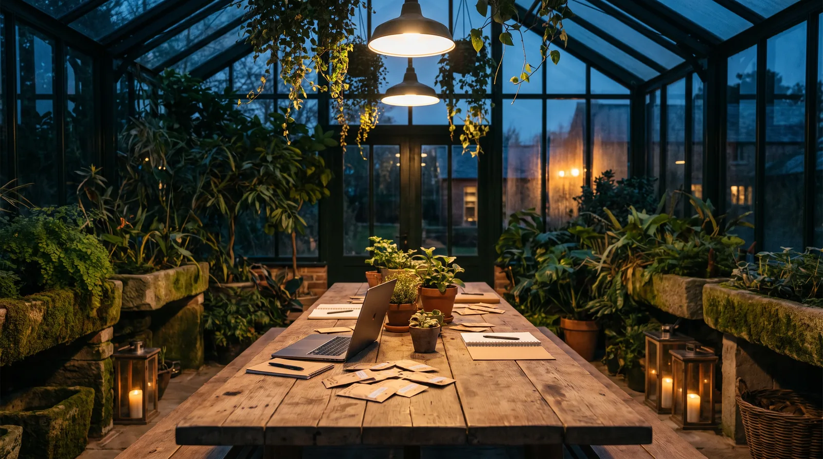 A greenhouse table prepared for an evening learning session