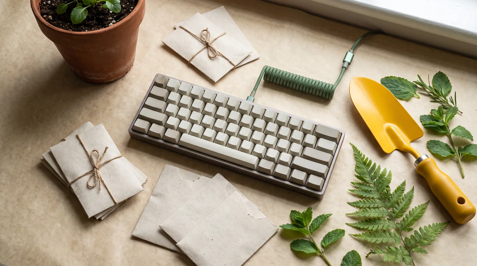 Keyboard and garden trowel on a work surface