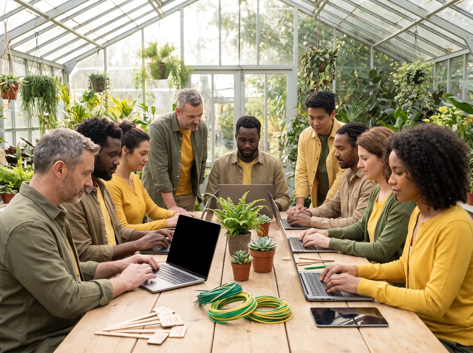People collaborating on laptops in a greenhouse