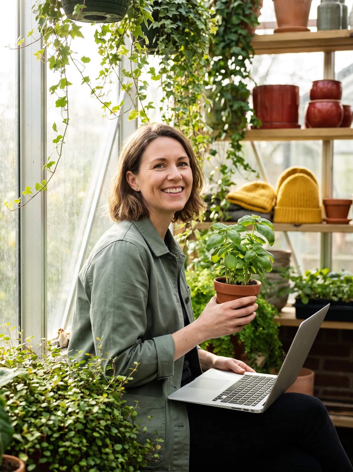 Learner holding a small plant and a laptop in a greenhouse
