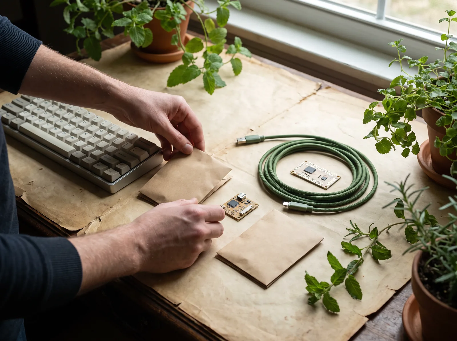 Small electronics boards and a keyboard on a plant-filled table